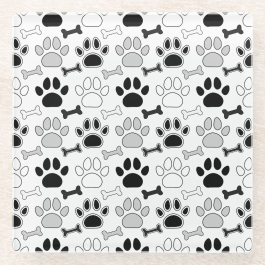 犬の足跡と骨のパターン ガラスコースター (正面)
