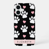 犬の足跡 白い足跡 ピンクのハート あなたの名前 iPhone 16ケース (裏面)