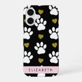 犬の足跡、白い足跡、金色のハート、あなたの名前 iPhone 16ケース (裏面)