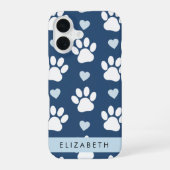 犬の足跡、白い足跡、青いハート、あなたの名前 iPhone 16ケース (裏面)