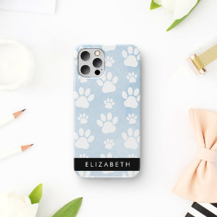 犬の足跡 白い足跡 青い水彩画 お名前入り iPhone 16ケース