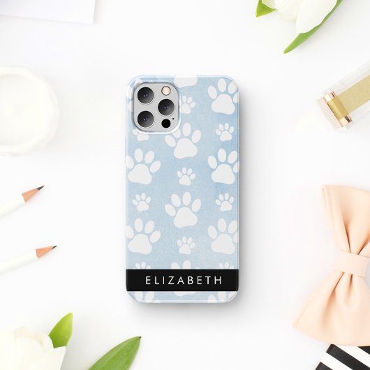 犬の足跡 白い足跡 青い水彩画 お名前入り iPhone 16ケース