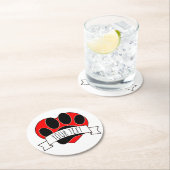 犬の足跡 赤いハートのバナー ラウンドペーパーコースター (インサイチュ)