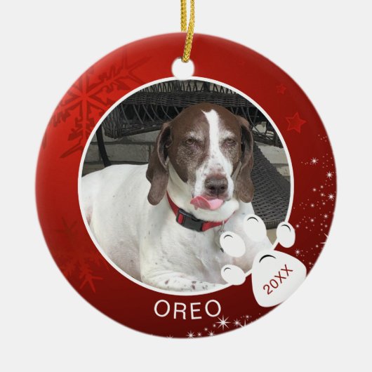 犬の足跡 赤い雪の結晶 星の写真 名前 年の装飾 セラミックオーナメント (正面)