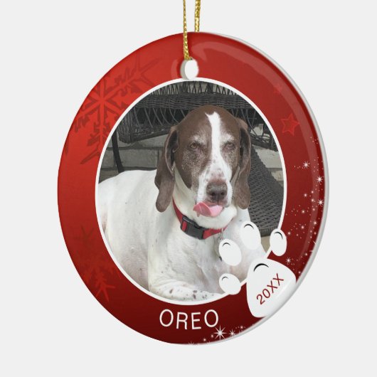 犬の足跡 赤い雪の結晶 星の写真 名前 年 オーナメント (左)