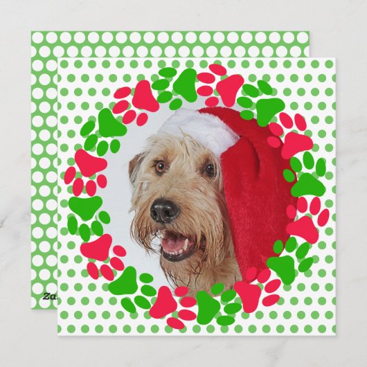 犬の足跡 赤と緑のリース フォト シーズンカード (正面/裏面)