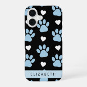 犬の足跡、青い足跡、白いハート、お名前 iPhone 16ケース (裏面)