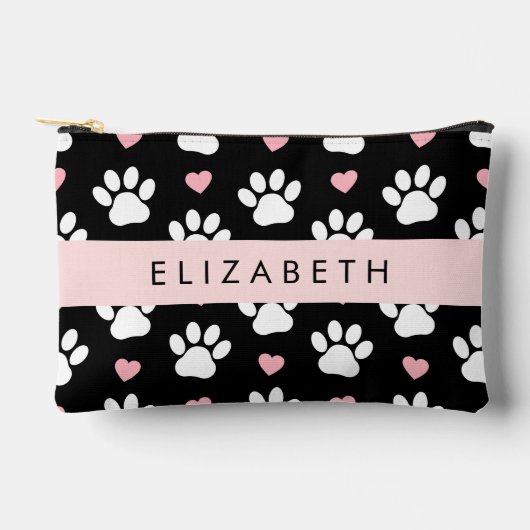 犬の足、白い手、ピンクのハート、あなたの名前 アクセサリーポーチ (正面)