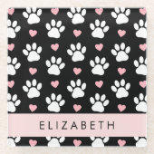 犬の足、白い手、ピンクのハート、あなたの名前 ガラスコースター (正面)