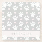 犬の足、白い手、ピンクのハート、あなたの名前 ガラスコースター (裏面)