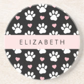 犬の足、白い手、ピンクのハート、あなたの名前 コースター (正面)