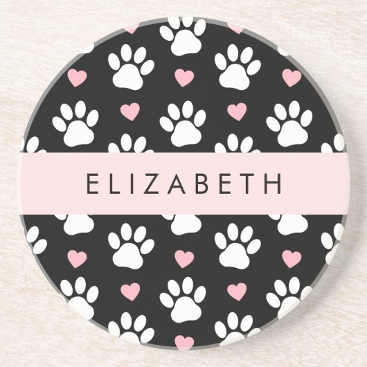 犬の足、白い手、ピンクのハート、あなたの名前 コースター (正面)