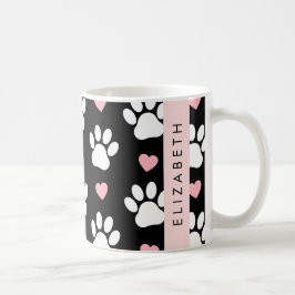 犬の足、白い手、ピンクのハート、あなたの名前 コーヒーマグカップ