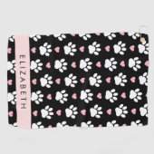 犬の足、白い手、ピンクのハート、あなたの名前 ゴルフタオル (横)