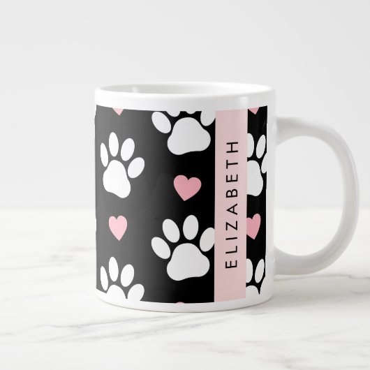 犬の足、白い手、ピンクのハート、あなたの名前 ジャンボコーヒーマグカップ (右)