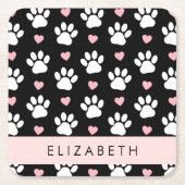 犬の足、白い手、ピンクのハート、あなたの名前 スクエアペーパーコースター (正面)