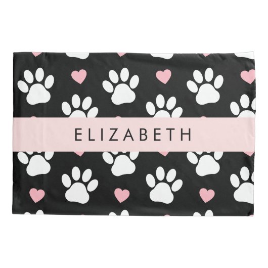 犬の足、白い手、ピンクのハート、あなたの名前 枕カバー (裏面)