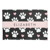 犬の足、白い手、ピンクのハート、あなたの名前 枕カバー (正面)