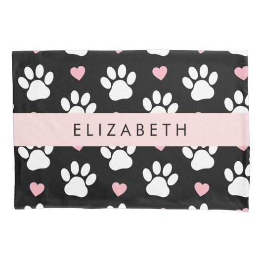 犬の足、白い手、ピンクのハート、あなたの名前 枕カバー (正面)