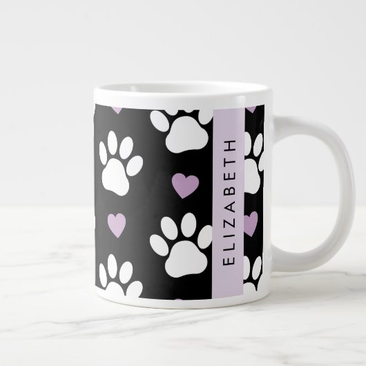 犬の足、白い手、薄紫ハート、あなたの名前 ジャンボコーヒーマグカップ (右)