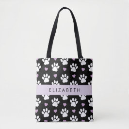 犬の足、白い手、薄紫ハート、あなたの名前 トートバッグ