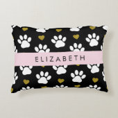犬の足、白い手、金ゴールドハート、あなたの名前 アクセントクッション (正面)