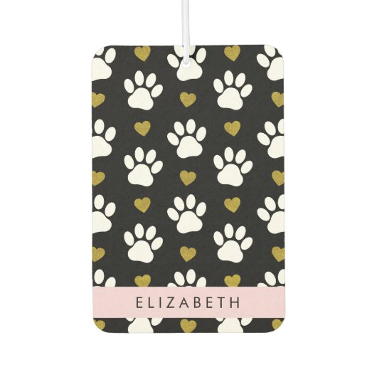 犬の足、白い手、金ゴールドハート、あなたの名前 カーエアーフレッシュナー (正面)