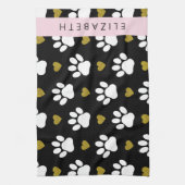 犬の足、白い手、金ゴールドハート、あなたの名前 キッチンタオル (縦)