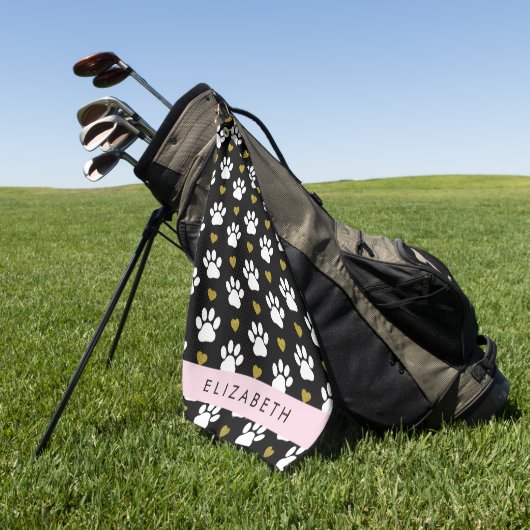 犬の足、白い手、金ゴールドハート、あなたの名前 ゴルフタオル (グリーン)