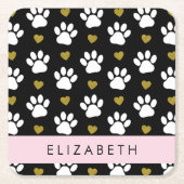 犬の足、白い手、金ゴールドハート、あなたの名前 スクエアペーパーコースター (正面)