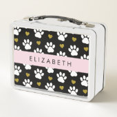 犬の足、白い手、金ゴールドハート、あなたの名前 メタルランチボックス (裏面)