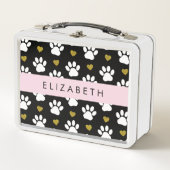 犬の足、白い手、金ゴールドハート、あなたの名前 メタルランチボックス (正面)