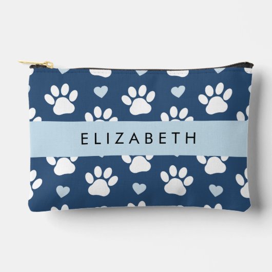 犬の足、白い手、青いハート、あなたの名前 アクセサリーポーチ (正面)