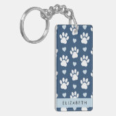 犬の足、白い手、青いハート、あなたの名前 キーホルダー (正面左)