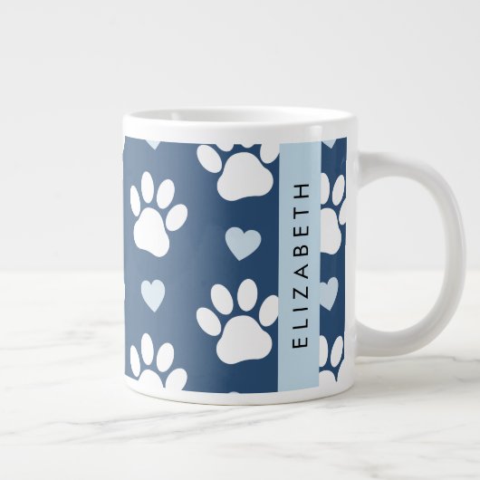 犬の足、白い手、青いハート、あなたの名前 ジャンボコーヒーマグカップ (右)