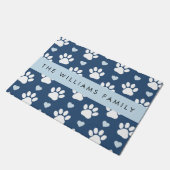 犬の足、白い手、青いハート、あなたの名前 ドアマット (アングル)