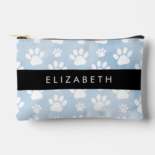 犬の足、白い手、青い水色、あなたの名前 アクセサリーポーチ (正面)