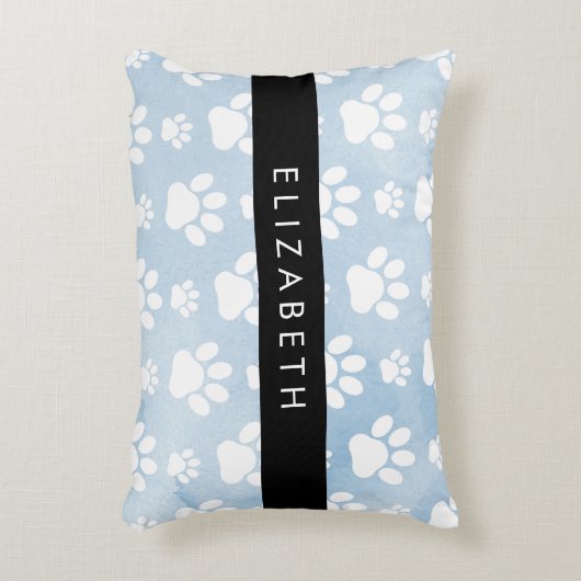 犬の足、白い手、青い水色、あなたの名前 アクセントクッション (正面(垂直))