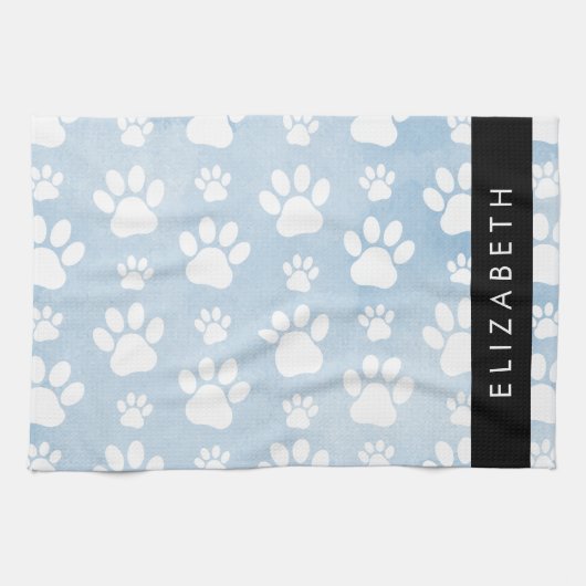 犬の足、白い手、青い水色、あなたの名前 キッチンタオル (横)