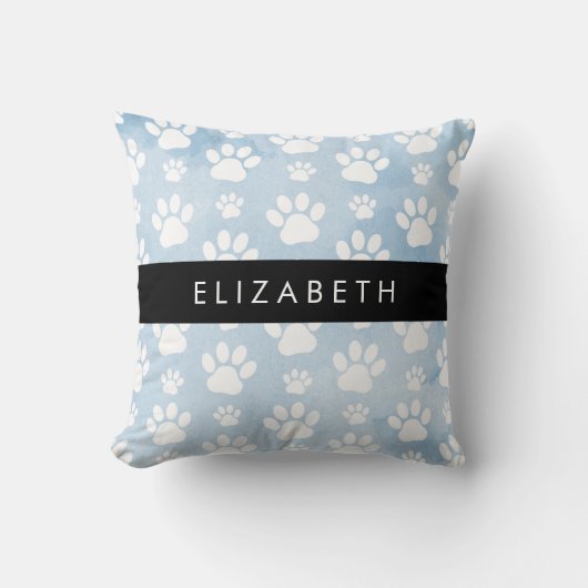 犬の足、白い手、青い水色、あなたの名前 クッション (正面)