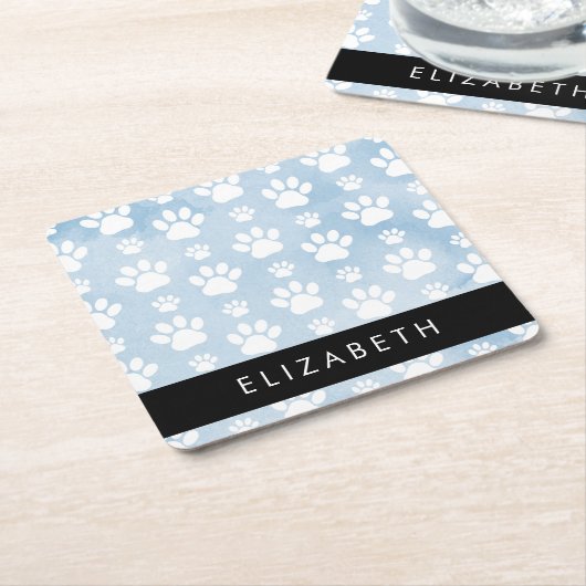 犬の足、白い手、青い水色、あなたの名前 スクエアペーパーコースター (アングル)