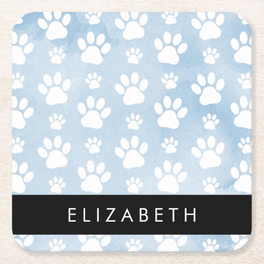 犬の足、白い手、青い水色、あなたの名前 スクエアペーパーコースター (正面)