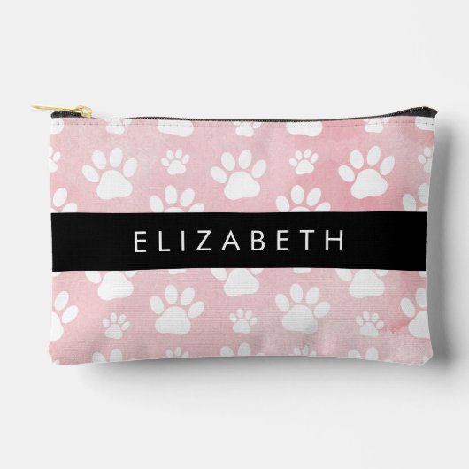 犬の足、白い足、ピンクの水色、あなたの名前 アクセサリーポーチ (正面)