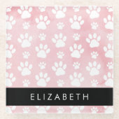 犬の足、白い足、ピンクの水色、あなたの名前 ガラスコースター (正面)