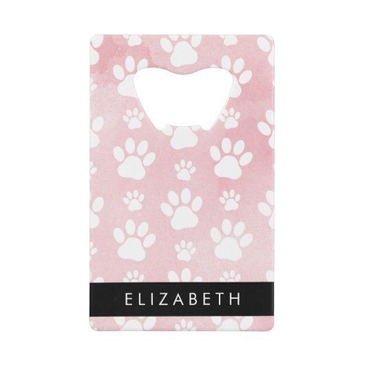 犬の足、白い足、ピンクの水色、あなたの名前 クレジットカード栓抜き (正面)