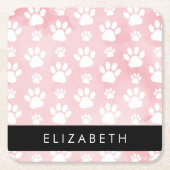 犬の足、白い足、ピンクの水色、あなたの名前 スクエアペーパーコースター (正面)