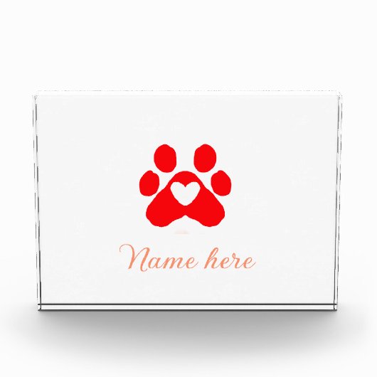 犬の足 赤いハート ペット 名前入り テキスト 動物の足跡 フォトブロック (正面)