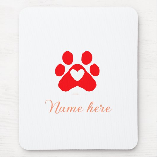 犬の足 赤いハート ペット 名前入り テキスト 動物の足跡 マウスパッド (正面)