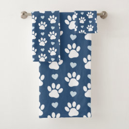 犬の足、足跡、動物の足、ハート-青い白 バスタオルセット