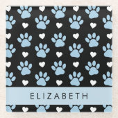 犬の足、青い手、白いハート、あなたの名前 ガラスコースター (正面)